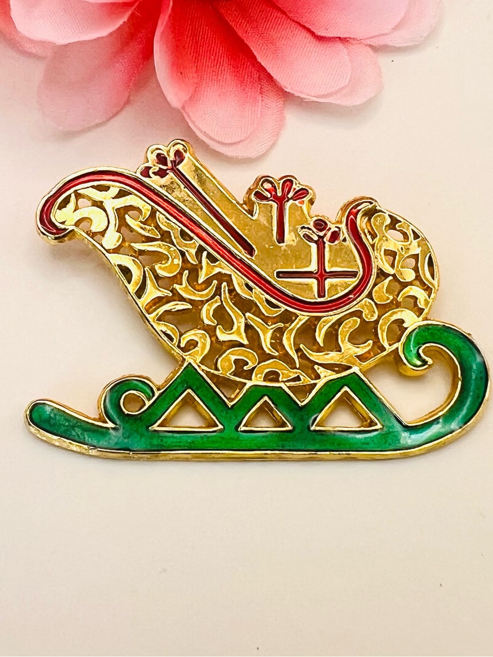 Vintage Gold and Green Enamel Sleigh Brooch -